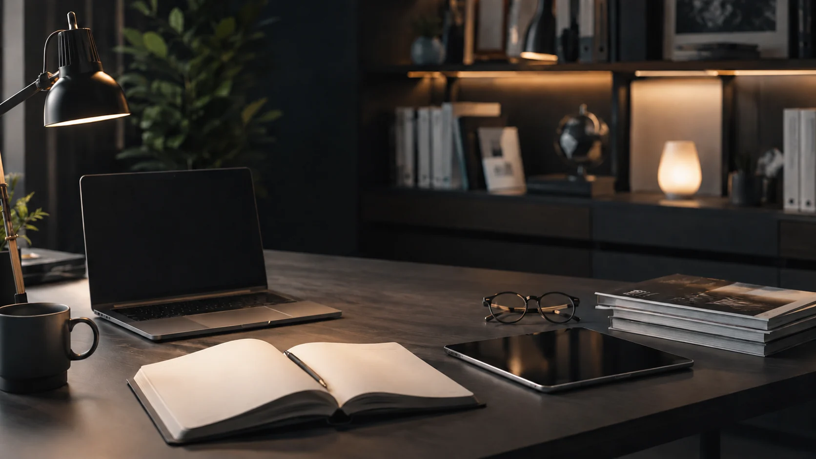 Espace de rédaction d’entreprise avec un ordinateur portable, un carnet, une tablette et des rapports publiés.