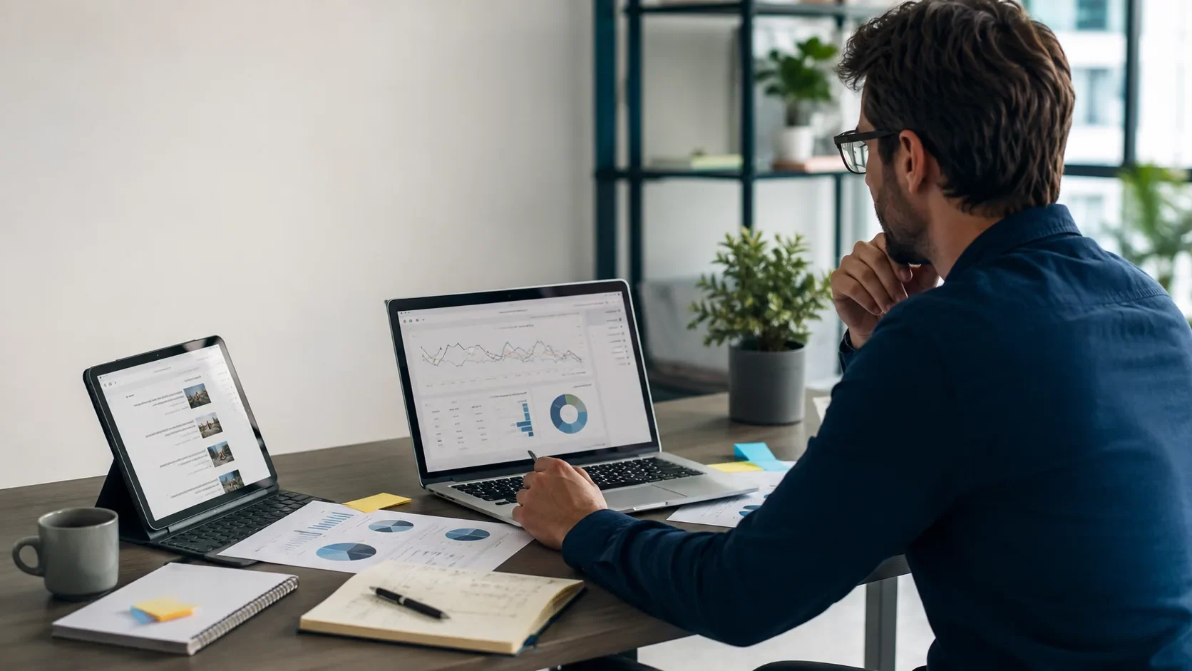 Growth marketer reviewing SEO, AEO, GEO, and campaign performance data.