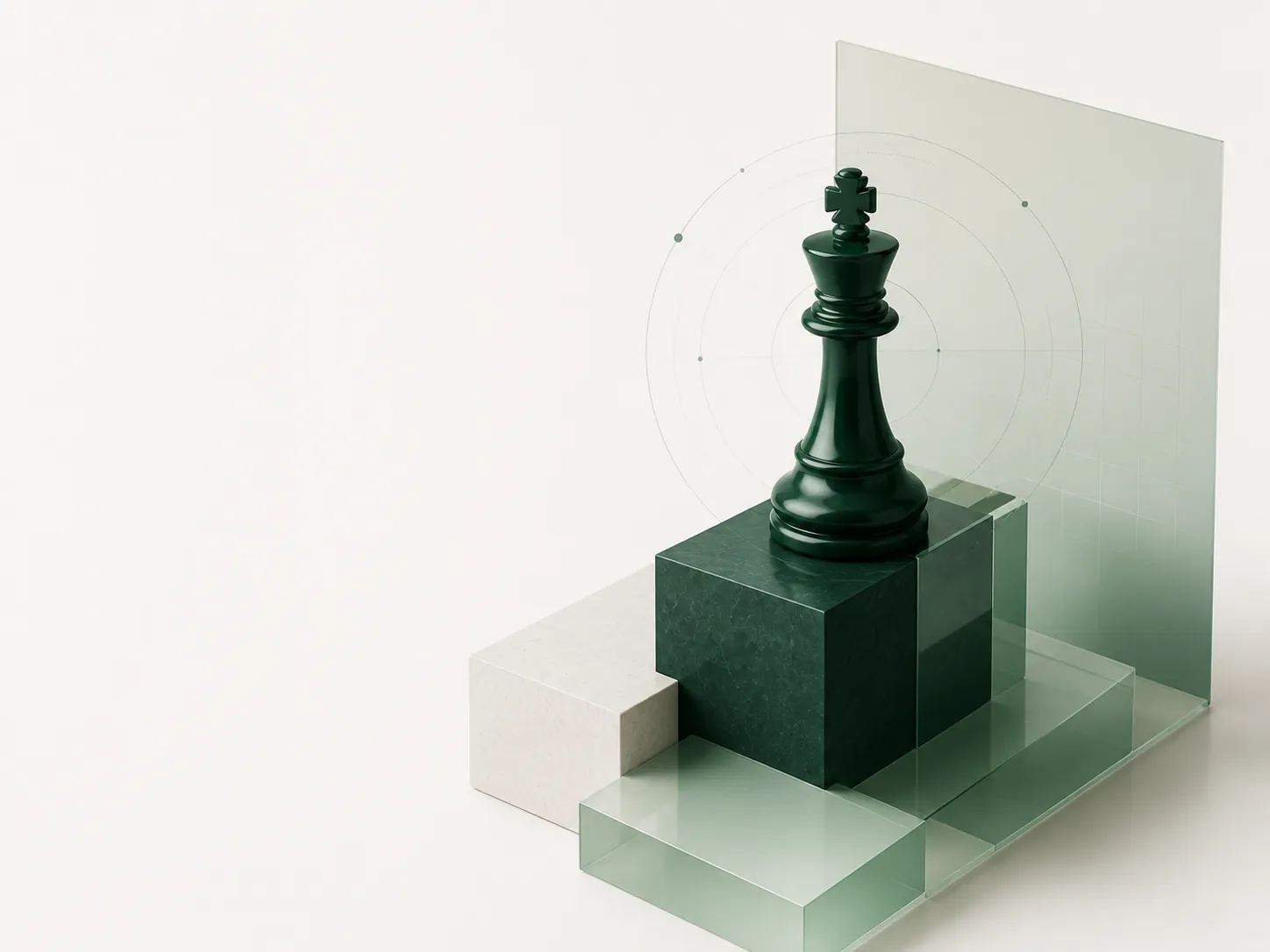 Green chess king on layered architectural blocks