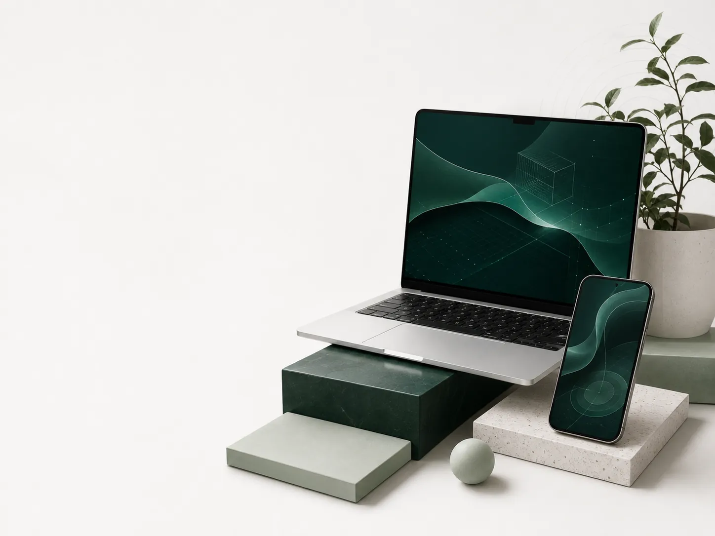 Laptop and phone displaying an abstract dark-green technical interface