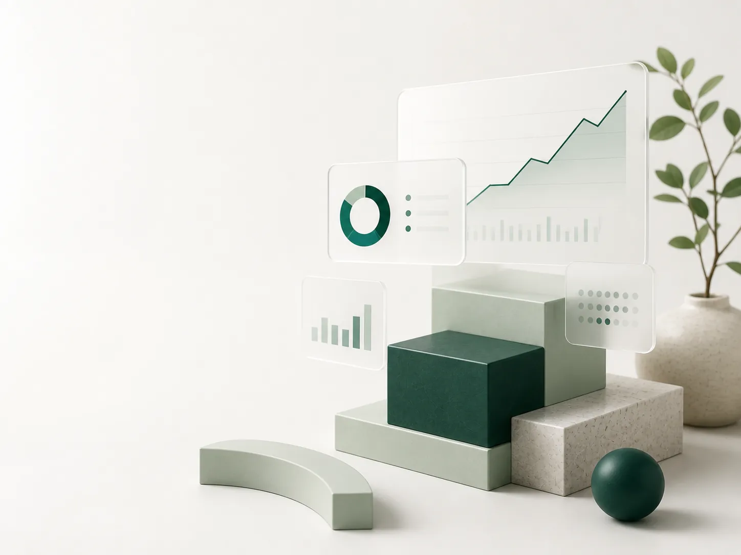 Layered analytics panels with green line and donut charts
