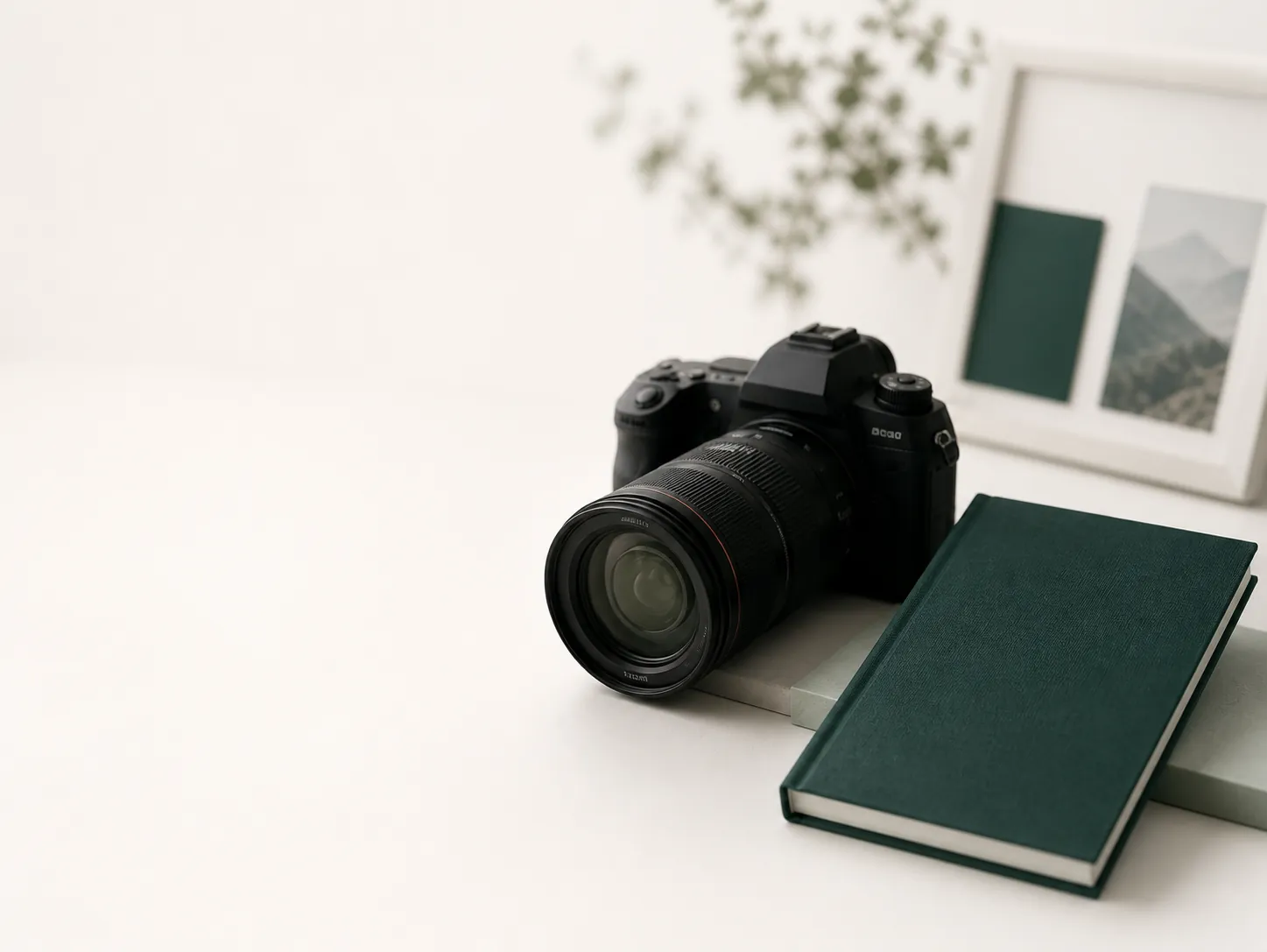 Professional camera beside a dark-green brand booklet