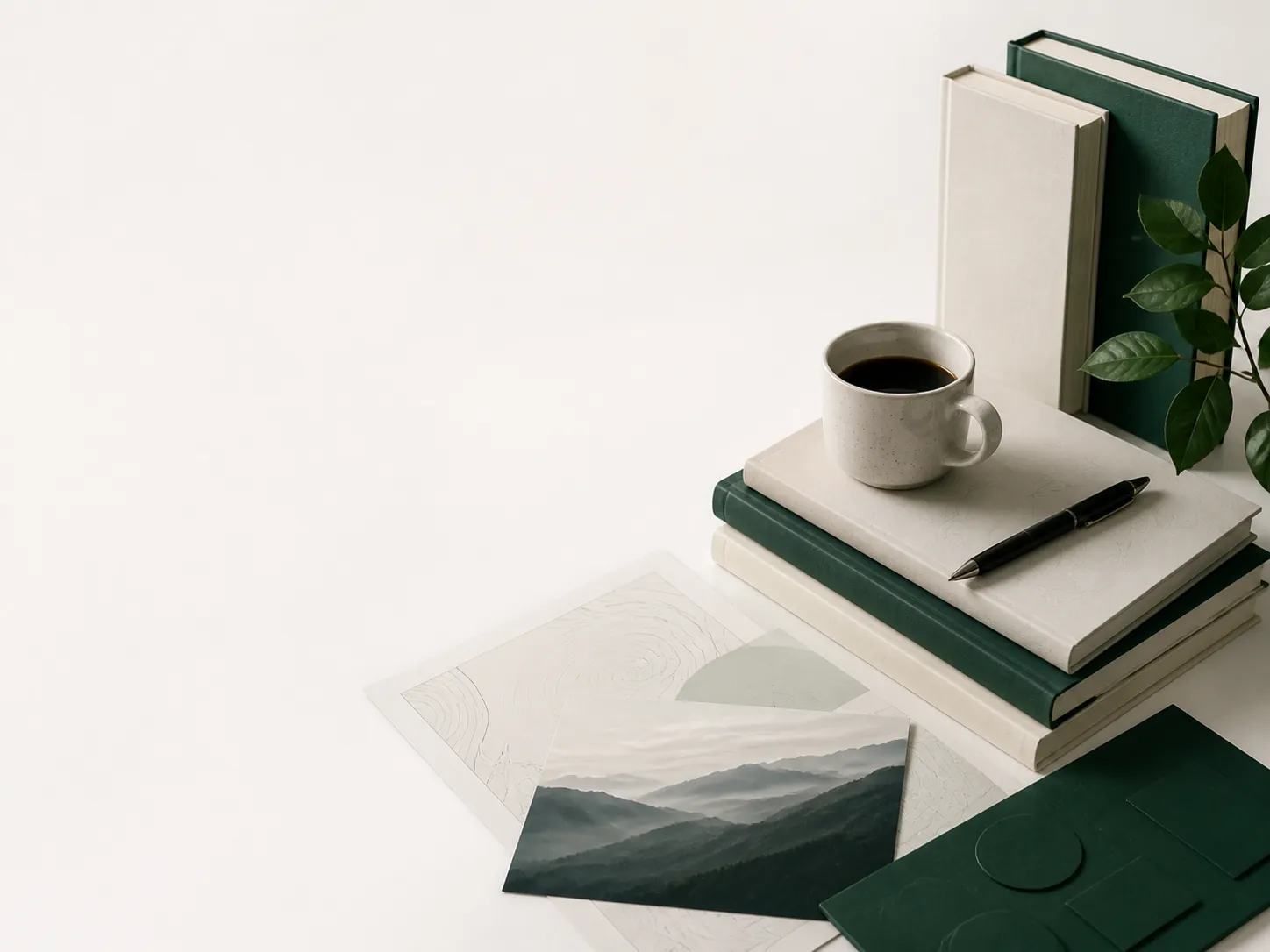Editorial books, papers, coffee, pen, and restrained foliage