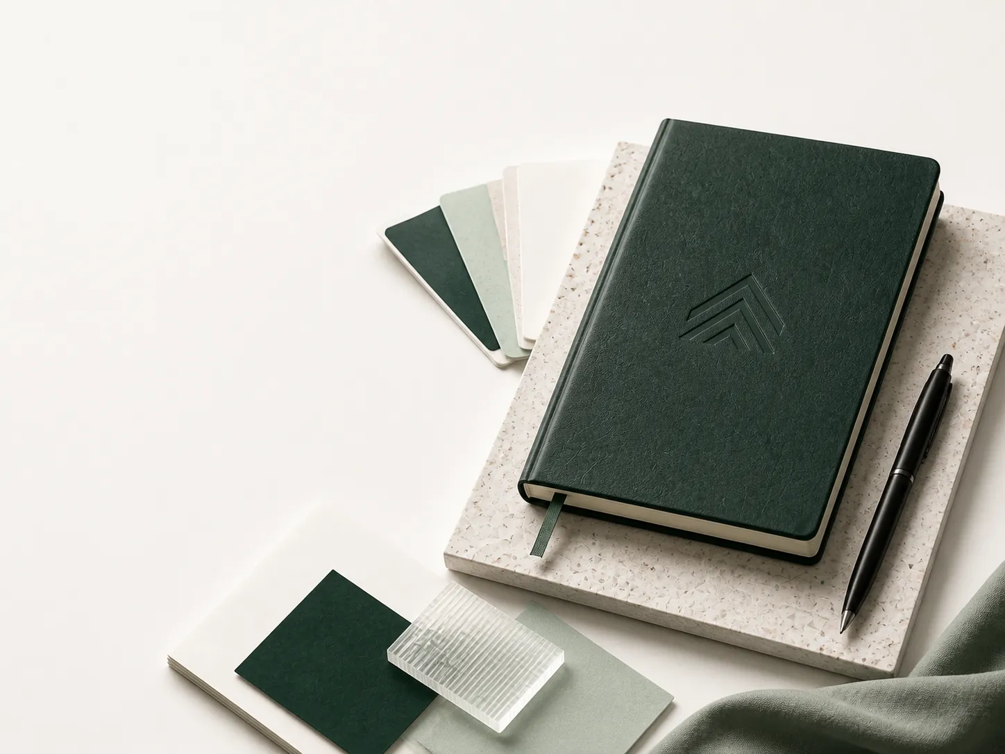 Dark-green notebook, stationery, color swatches, and pen