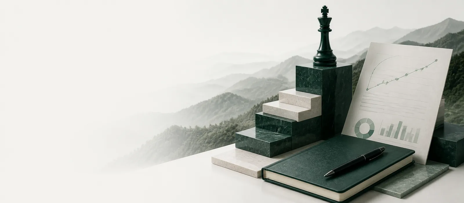 Chess king, roadmap, notebook, and pen overlooking mountain scenery